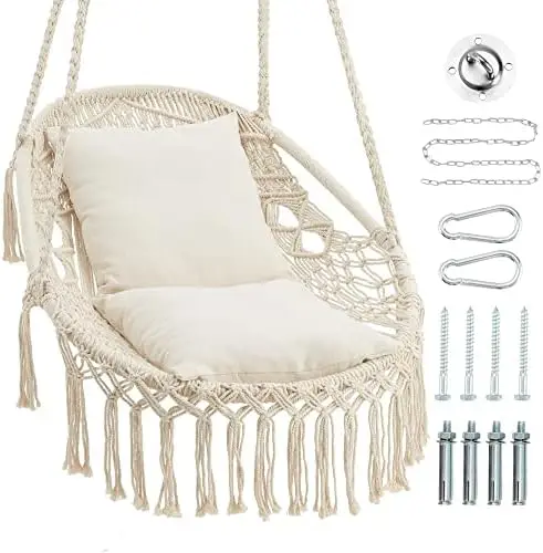 

Chair Hanging Rope Swing, Hanging Chair Max 330Lbs,2 Cushions Included Macrame Swing Chair for Bedroom,Indoor, Outdoor, Porch, ,