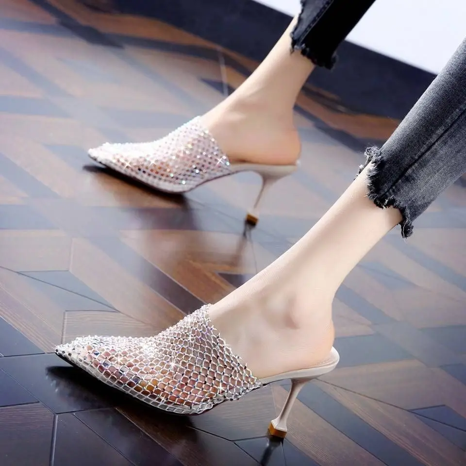 Half Tow Women's Sandals Transparent Rhinestone Network Baotou Thin High-heeled Thin Heel Slipper Slipper Girl External Wear
Half Tow Women's Sandals Transparent Rhinestone Network Baotou Thin High-heeled Thin Heel Slipper Slipper Girl External Wear