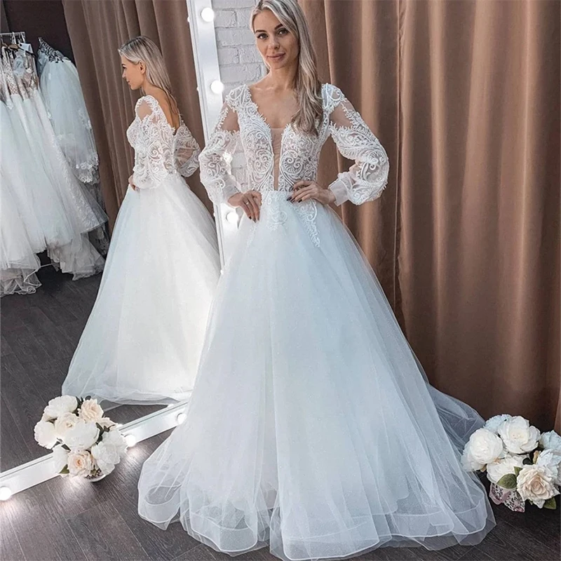 2022 Luxury Lace Summer Wedding Dresses A-Line Deep V-neck Long Sleeves Bridal Gown Lace Up Back Vestidos De Noiva
2022 Luxury Lace Summer Wedding Dresses A-Line Deep V-neck Long Sleeves Bridal Gown Lace Up Back Vestidos De Noiva
