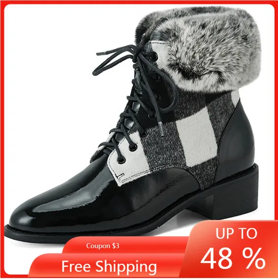 

ENMAYER Ankle Boots for Women Grid Genuine Leather Block High Heel Elastic Band Short Booties Goth Brown Black Shoes Snow Boots