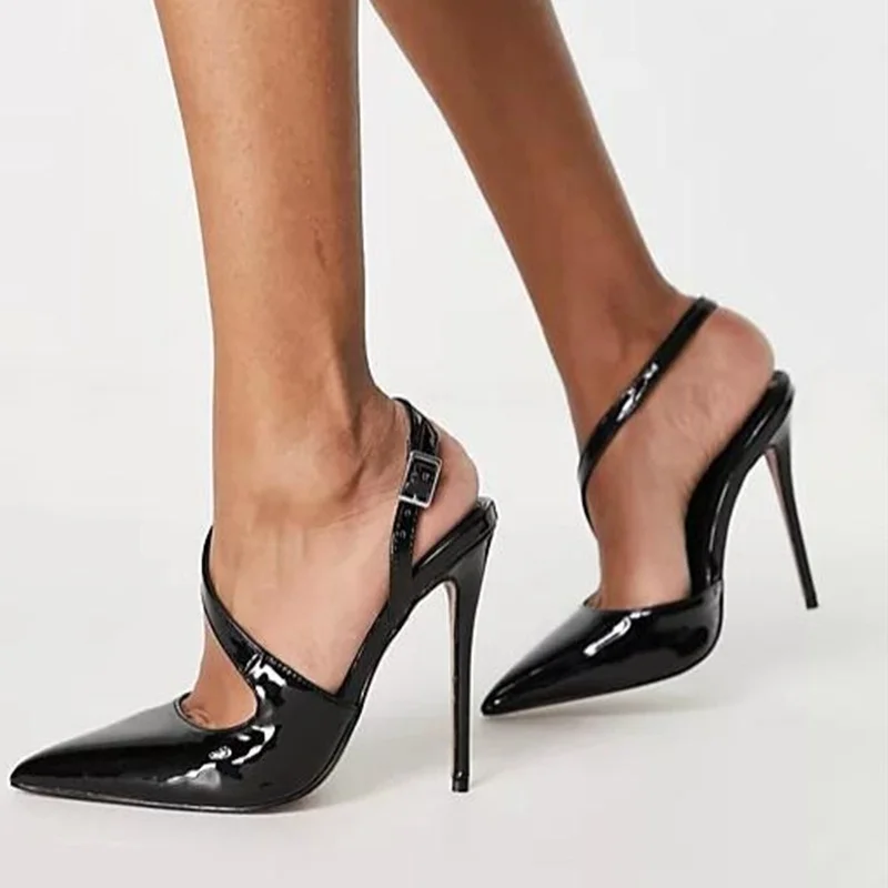 

Sexy Black Patent Leather Cross Strap High Heel Pumps Pointy Toe Stiletto Heels Slingback High-heeled Shoes Hollow Runway Shoes