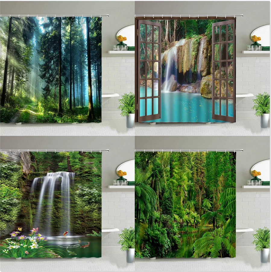 

Forest Landscape Shower Curtains Tree Waterfall Mount Fuji Scenery Waterproof Bathroom Curtain Set Bathtub Decor Cloth With Hook