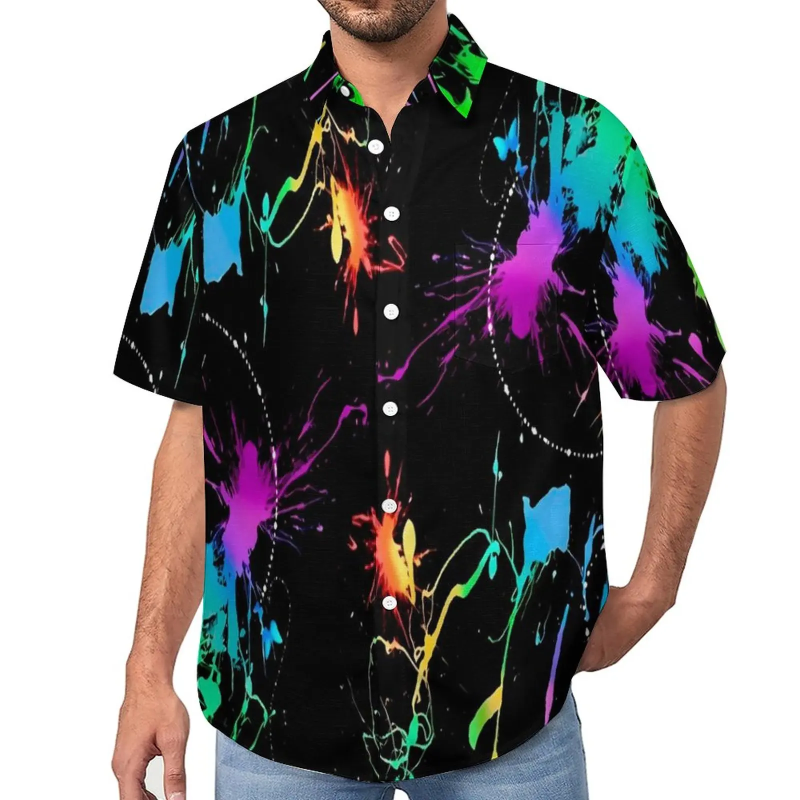 

Neon Pain Print Casual Shirts Colorful Splatter Beach Shirt Summer Vintage Blouses Male Printed Large Size