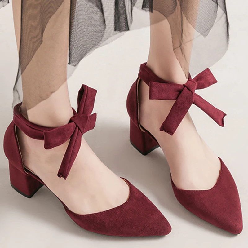 Butterfly-Knot Ankle Tied Pointed Toe Flock Pumps Women Closed Heels Single Shoes Woman Party Chunky High Heels Shoes Femme 2020 
Butterfly-Knot Ankle Tied Pointed Toe Flock Pumps Women Closed Heels Single Shoes Woman Party Chunky High Heels Shoes Femme 2020