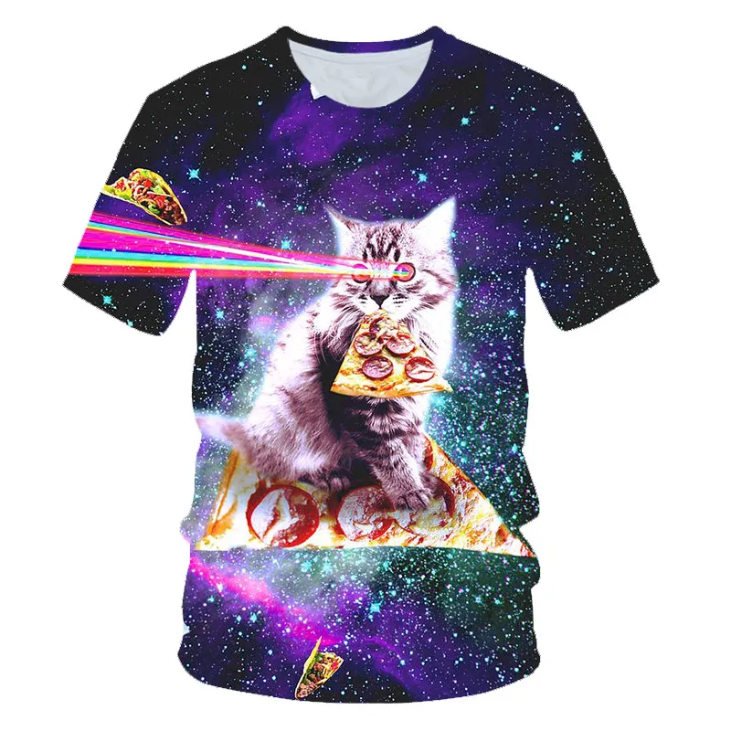 

2022 New Galaxy Space 3D T Shirt Lovely Kitten Cat Eat Taco Pizza Funny Tops Tee Short Sleeve Summer Shirts oversized t shirt
