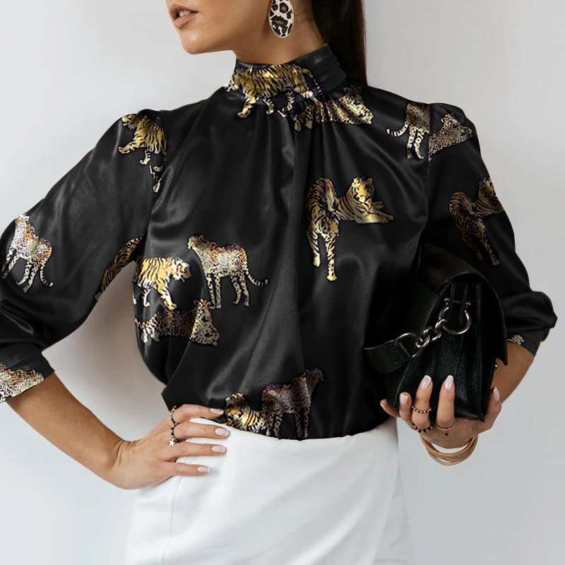 Summer Stand Collar Party Top Casual Blusas 2022 Celmia Women Office Satin Tiger Print Long Sleeve Shirt OL Tunic Elegant Blouse
Summer Stand Collar Party Top Casual Blusas 2022 Celmia Women Office Satin Tiger Print Long Sleeve Shirt OL Tunic Elegant Blouse