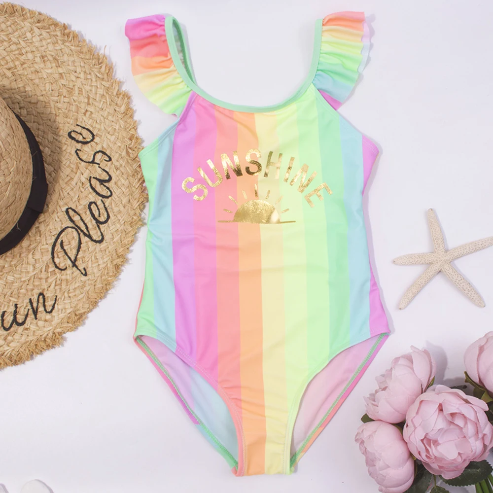Children'S Rainbow Colored Swimwear 3-8 Years Old Girls Alphabet Rainbow Striped O Neck Flyer Sleeve Summer Swimsuit
Children'S Rainbow Colored Swimwear 3-8 Years Old Girls Alphabet Rainbow Striped O Neck Flyer Sleeve Summer Swimsuit