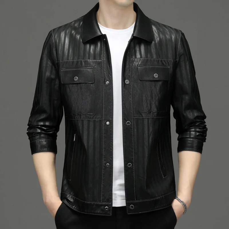 and High-End Quality Autumn Winter New Bronzing Striped Leather Coat Men's Comfortable Fashion Polo Collar Slim Casual Jacket
and High-End Quality Autumn Winter New Bronzing Striped Leather Coat Men's Comfortable Fashion Polo Collar Slim Casual Jacket