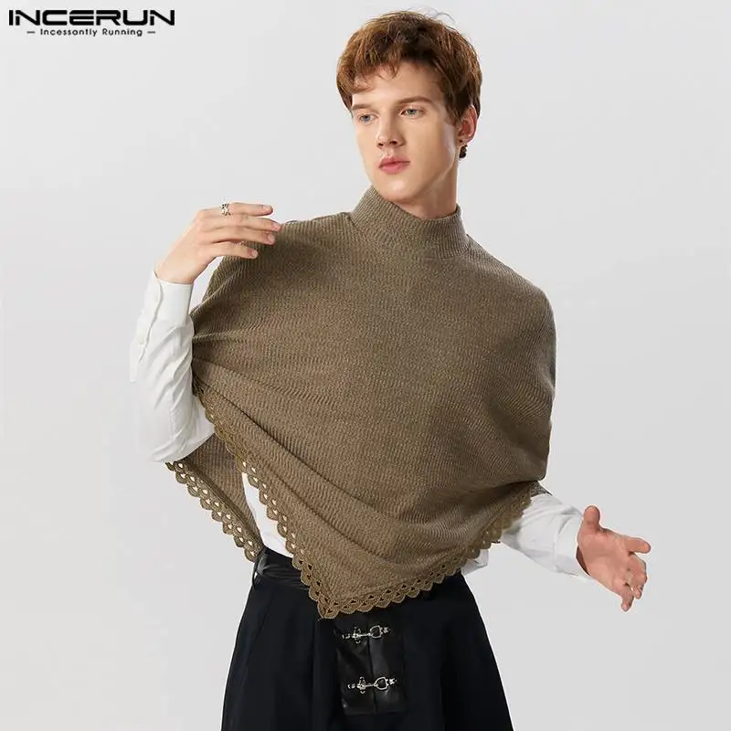 

Casual Hot Sale Tops INCERUN Handsome Men's Loose Fitting Solid Knitted Lace Trench Stylish Male High Neck Shawl Cape S-5XL 2023