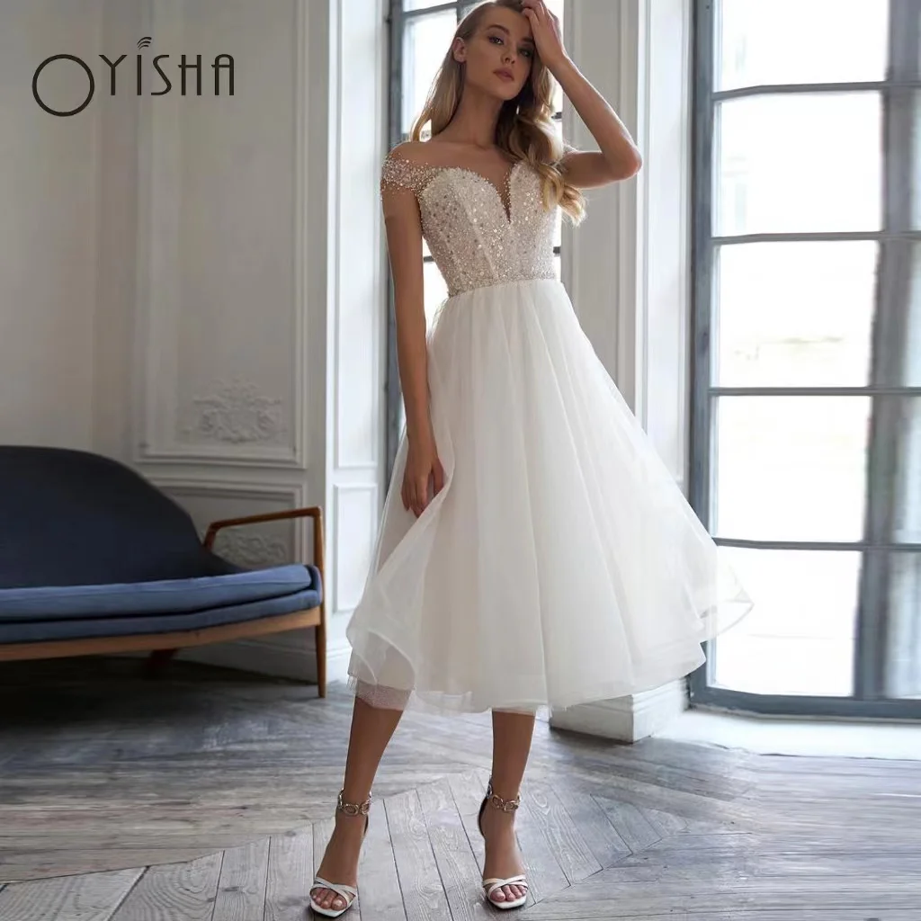 OYISHA Sweetheart Beaded Sequins Short Wedding Dresses For Bride Off Shoulder Tulle Bridal Gowns Tea-Length Robe Mariage Femme
OYISHA Sweetheart Beaded Sequins Short Wedding Dresses For Bride Off Shoulder Tulle Bridal Gowns Tea-Length Robe Mariage Femme
