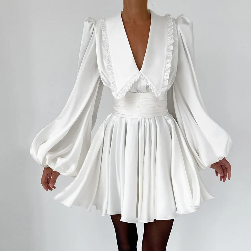 Elegant Pleated A-Line Mini Princess Dress Female Solid Color Lantern Sleeve Dress Autumn Spring V Neck High Waist Satin Dress
Elegant Pleated A-Line Mini Princess Dress Female Solid Color Lantern Sleeve Dress Autumn Spring V Neck High Waist Satin Dress