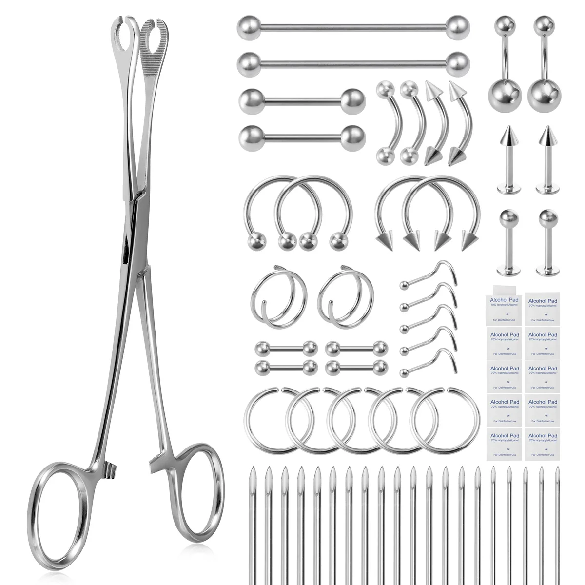 65Pcs Body Piercing Jewelry Tool Kit Surgical Steel Forceps Clamp Plier Needles Nose Septum Tongue Cartilage Ring Stud Barbell
65Pcs Body Piercing Jewelry Tool Kit Surgical Steel Forceps Clamp Plier Needles Nose Septum Tongue Cartilage Ring Stud Barbell