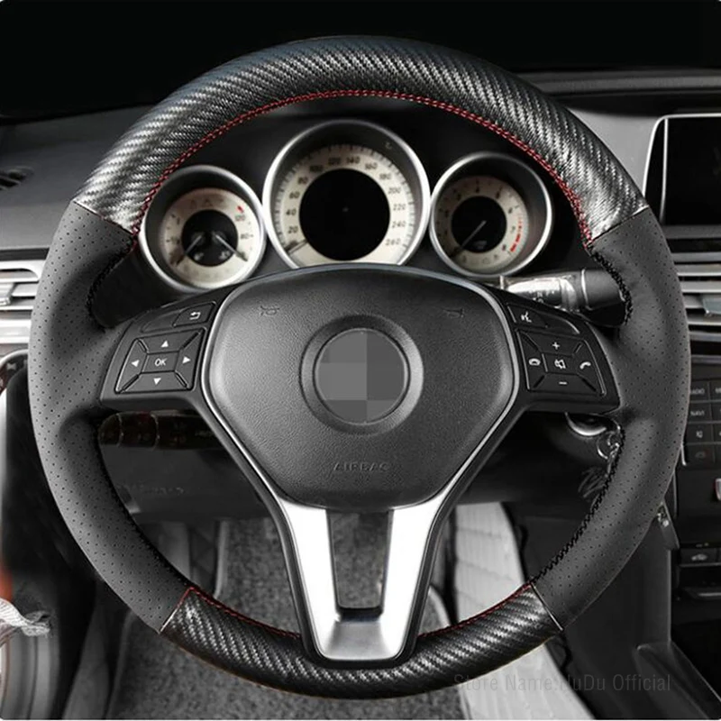 

Car Steering Wheel Cover For Mercedes Benz E200L gla cla gle c200l C200 C250 C300 Hand-Stitch Black Carbon Fibe Leather Interior