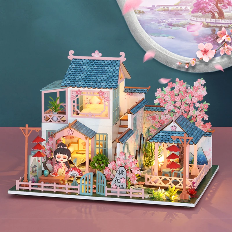 

NEW DIY Wooden Doll Houses Miniature Building Kits Peach Blossom Casa Dollhouse with Furniture LED Lights Villa For Girls Gifts