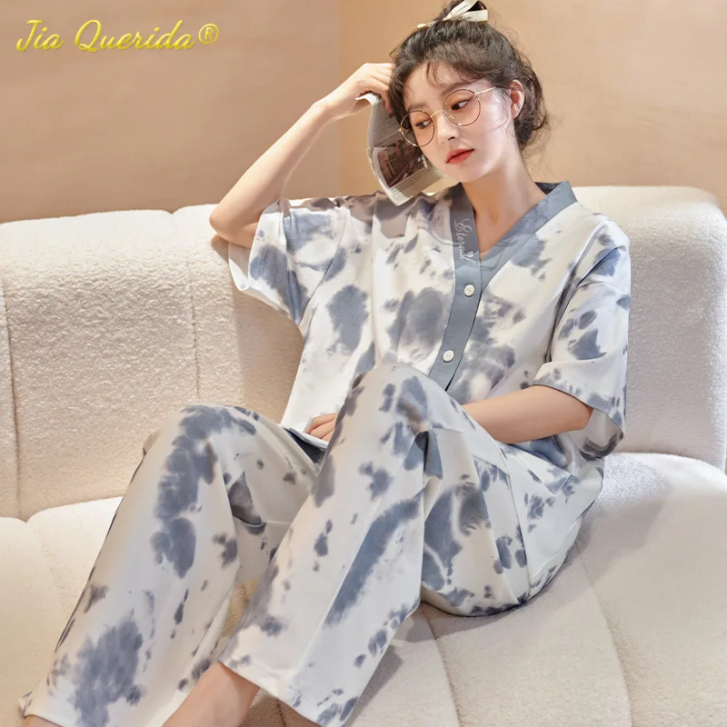 New Summer Trendy Pajamas Set for Women Soft Cotton Elegant Tie-dye Sleepwear for Girls V-neck Loose Home Clothes for Young Lady
New Summer Trendy Pajamas Set for Women Soft Cotton Elegant Tie-dye Sleepwear for Girls V-neck Loose Home Clothes for Young Lady