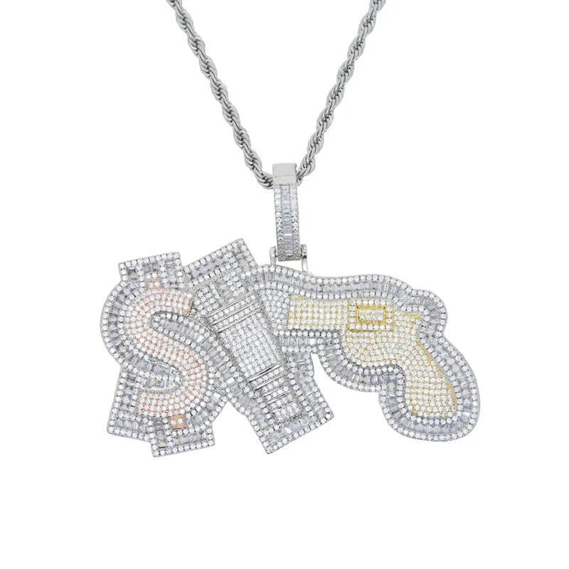 

Money Power Respect Gun Plug Dollar Sign Pendant Necklace Bling 5A Cubic Zirconia Hip Hop Two Tone Color Iced Out Men Jewelry