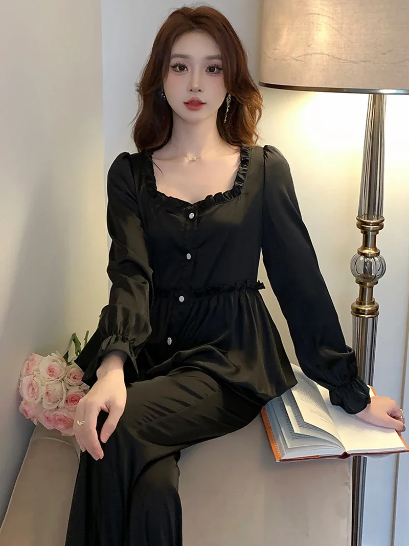Women Spring Silk Ruffles Fairy Cardigan Pants Pajama Set Sweet Girls Victorian Nightwears for Ladies Sleepwear Loungewear
Women Spring Silk Ruffles Fairy Cardigan Pants Pajama Set Sweet Girls Victorian Nightwears for Ladies Sleepwear Loungewear