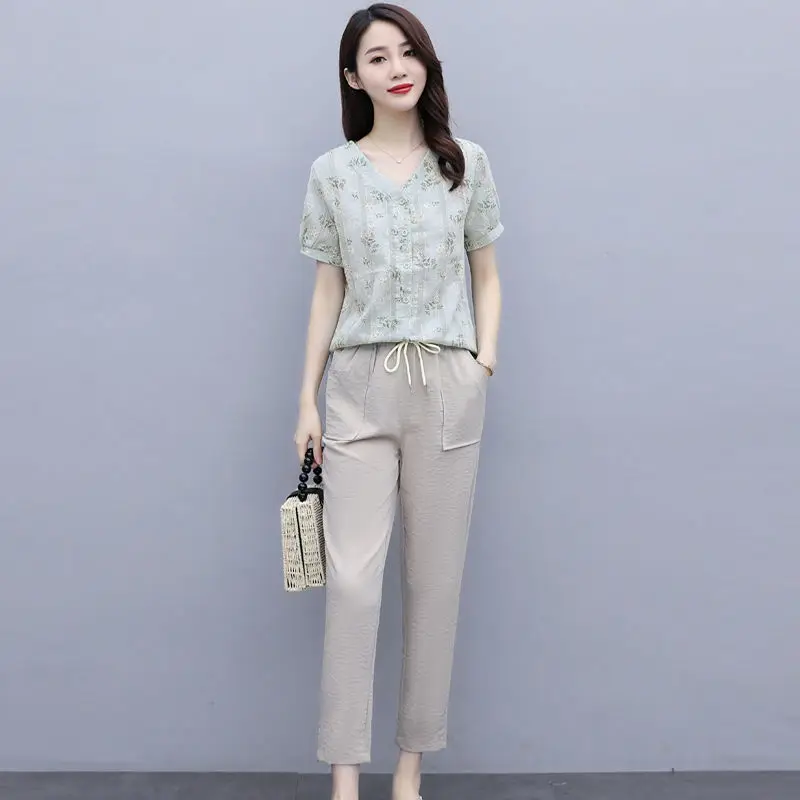 Summer Tracksuit Women Korean Two Piece Sets Short Sleeve Tops and High Waisted Pants Cotton Linen Womens Outfits E118
Summer Tracksuit Women Korean Two Piece Sets Short Sleeve Tops and High Waisted Pants Cotton Linen Womens Outfits E118