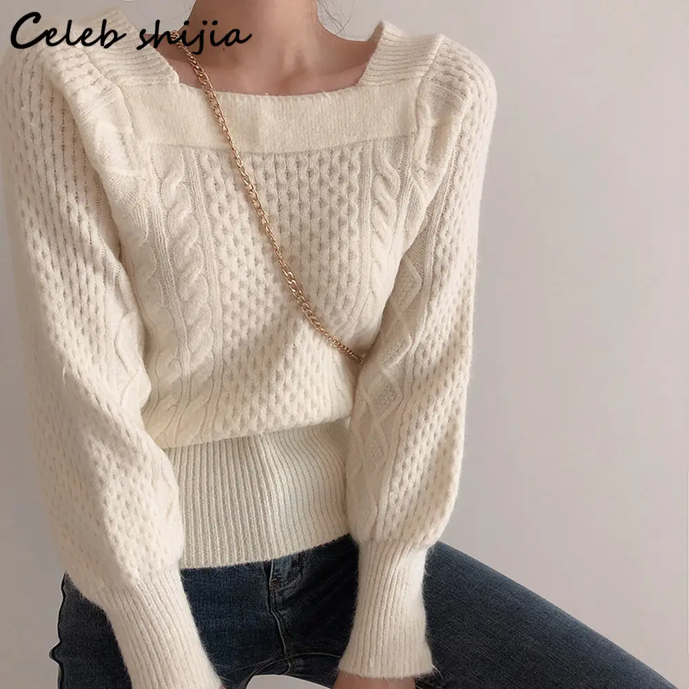 

New Chic Woolen Sweater Women Cropped Tops Square Neck Vintage Apricot Knitwear Argyle Sweater Female Korean Woman Pullover 2022