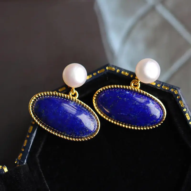 

New creative design inlaid pearl lapis lazuli oval women's earrings exquisite retro gorgeous art jewelry accessories
