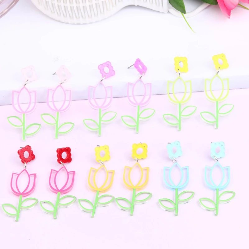 

U-Magical Ins Style Transparent Flower Square Plum Jelly Color Arcylic Dangle Earings for Women Hollow Plant Earings Jewellery
