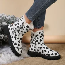 Women New Milk Cow Print Snow Boots Winter Warm Plush Non Slip Platform Cotton Shoes Large Size Comfort Ankle Booties Bota Neve