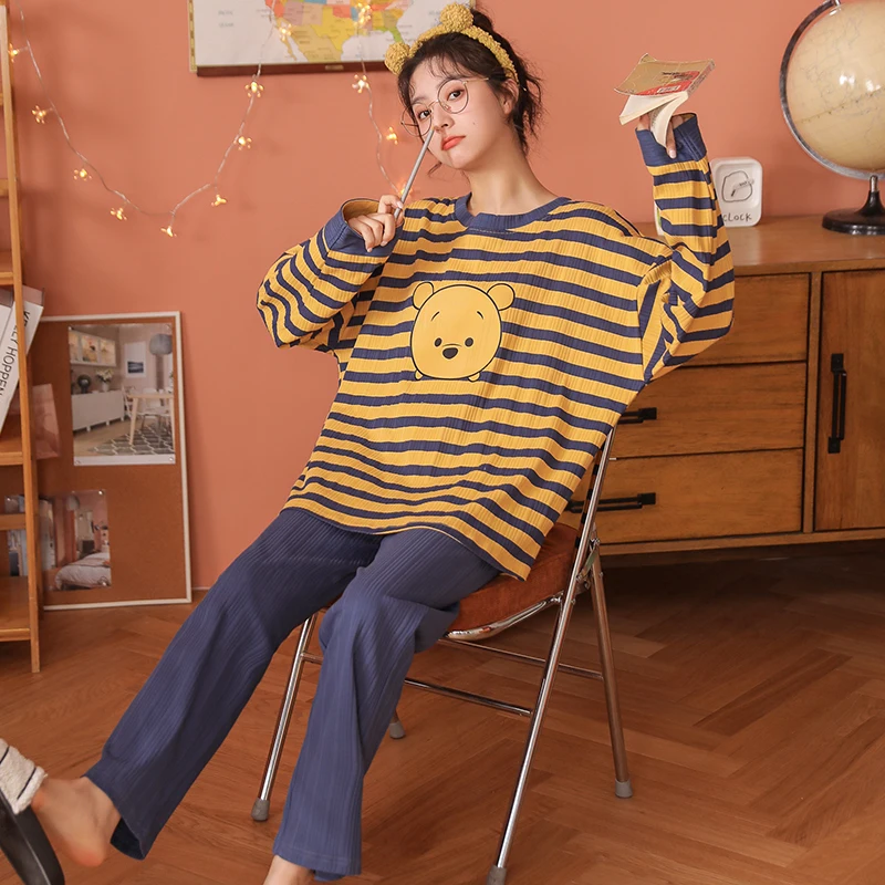 Disney Winnie the Pooh Kawaii Sleepwear Women 100% Cotton Long Sleeve Striped Blouse and Blue Pants Pajama Sets Ladies Home Suit
Disney Winnie the Pooh Kawaii Sleepwear Women 100% Cotton Long Sleeve Striped Blouse and Blue Pants Pajama Sets Ladies Home Suit