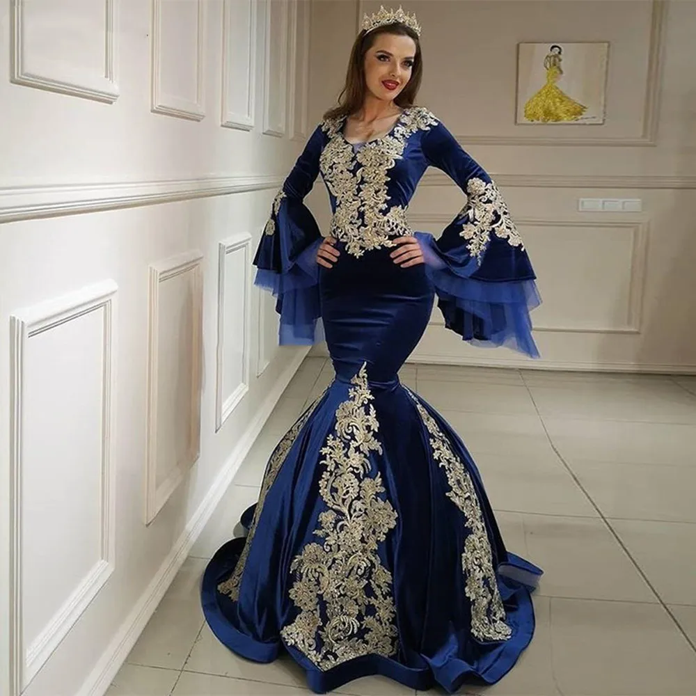 Sexy Mermaid Velvet Prom Dresses Moroccan Kaftan Gold Lace Long Flare Sleeve Evening Gowns Custom Made Saudi Arabic Dress
Sexy Mermaid Velvet Prom Dresses Moroccan Kaftan Gold Lace Long Flare Sleeve Evening Gowns Custom Made Saudi Arabic Dress