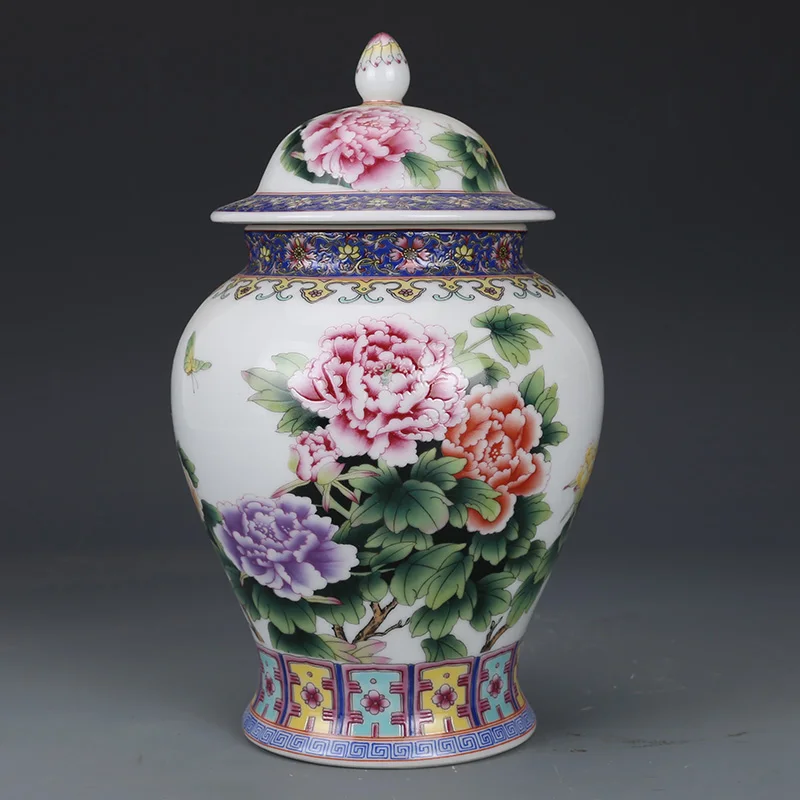 

Qing Dynasty Qianlong Enamel Peony Pattern General Tank Cover Pot Antique Collection