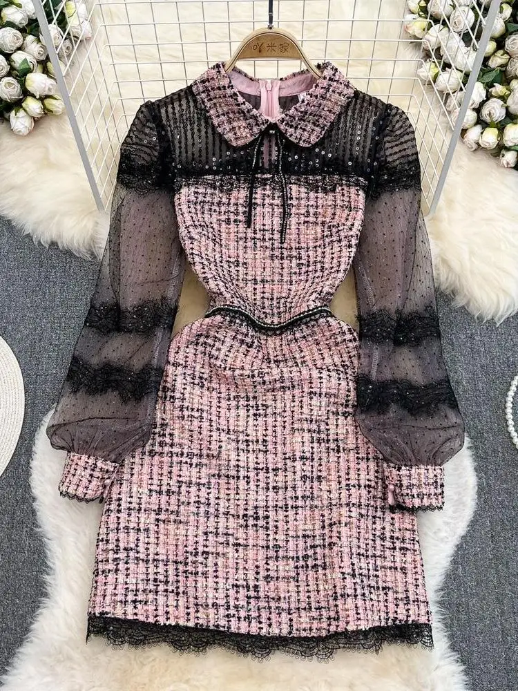 Fashion Designer Pink Plaid Bow Tie Tweed Dress Autumn Winter Women Long Sleeve Sequins Mesh Patchwork Vintage Short Dress
Fashion Designer Pink Plaid Bow Tie Tweed Dress Autumn Winter Women Long Sleeve Sequins Mesh Patchwork Vintage Short Dress