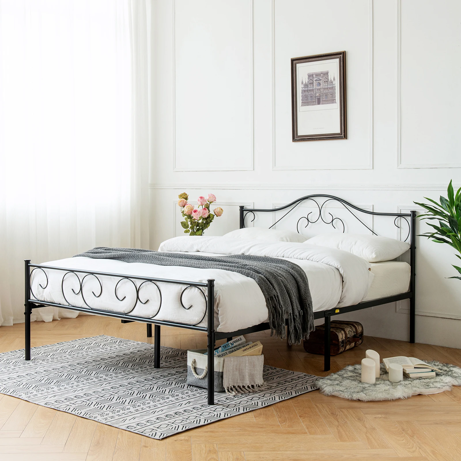 

Рама для двуспальной кровати с изголовьем кровати сверхпрочная металлическая платформа кровати прочные бесшумные кровати с стальными рейками матрас основа черная