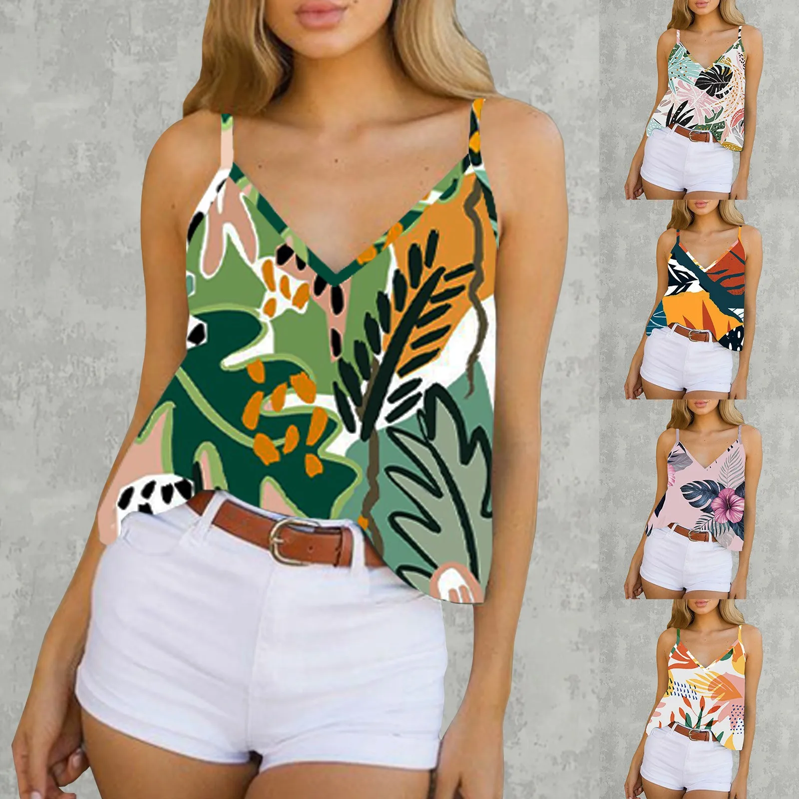 Женская майка с цветочным принтом, V-образным вырезом, без рукавов
Женская майка с цветочным принтом, V-образным вырезом, без рукавов