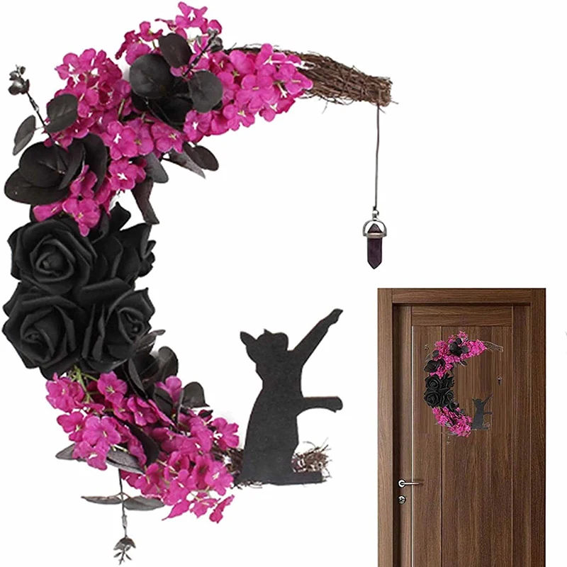 

Front Door Home Decor Gifts Cat Lovers Black Decoration Charming Celestial Door Hanger For Halloween Moon Cat Garland Wreath