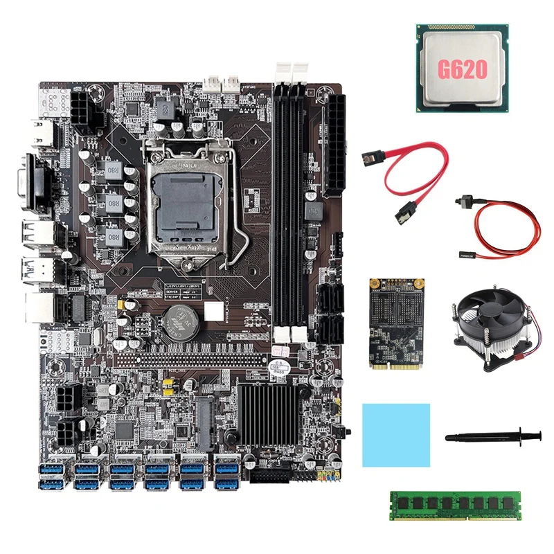 HOT-B75 ETH Mining Motherboard 12XUSB+G620 CPU+DDR3 4GB RAM+128G SSD+Fan+SATA Cable+Switch Cable LGA1155 Motherboard
HOT-B75 ETH Mining Motherboard 12XUSB+G620 CPU+DDR3 4GB RAM+128G SSD+Fan+SATA Cable+Switch Cable LGA1155 Motherboard