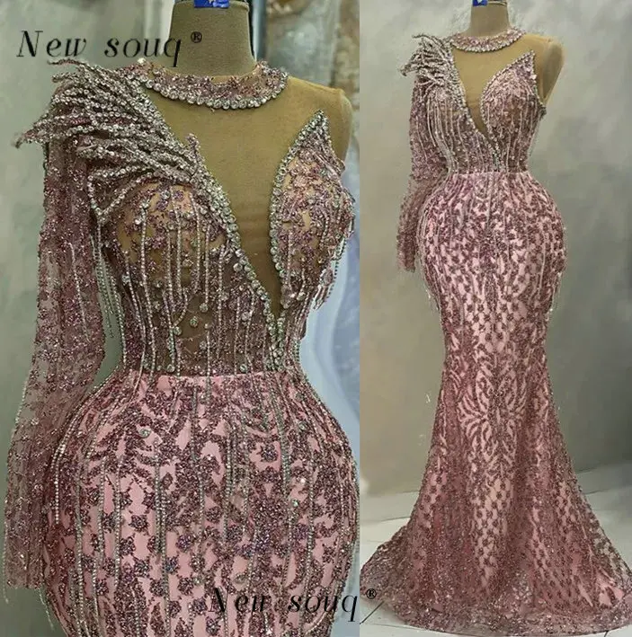 Dusty Rose Pink One Shoulder Single Long Sleeve Mermaid Evening Dresses Features Crystals Chains Trendy Prom Night Party Gowns
Dusty Rose Pink One Shoulder Single Long Sleeve Mermaid Evening Dresses Features Crystals Chains Trendy Prom Night Party Gowns