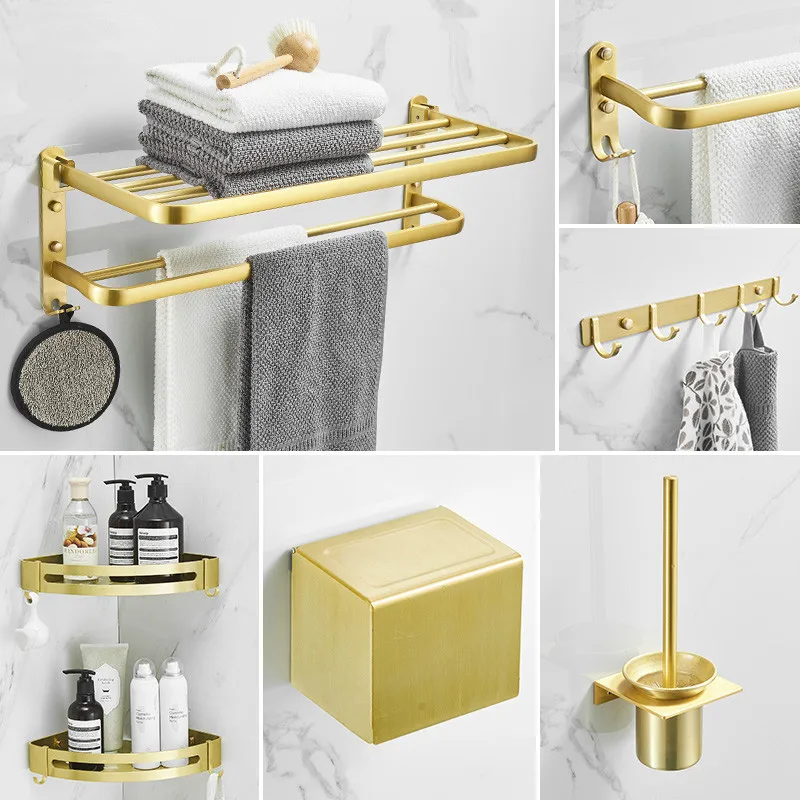 Bathroom Accessories Set Brushed Gold Corner Shelf,Towel Rack,Towel Hanger Paper Holder,Toilet Brush Holder Bath Hardware Sets
Bathroom Accessories Set Brushed Gold Corner Shelf,Towel Rack,Towel Hanger Paper Holder,Toilet Brush Holder Bath Hardware Sets