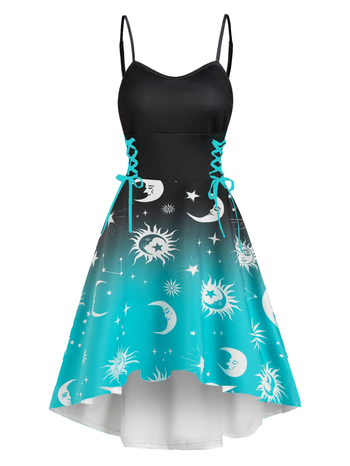 

Celestial Sun Moon Star Ombre Print High Low Dip Hem Dress Lace Up Adjustable Strap Cami Vestido Feminino For Women Summer 2023