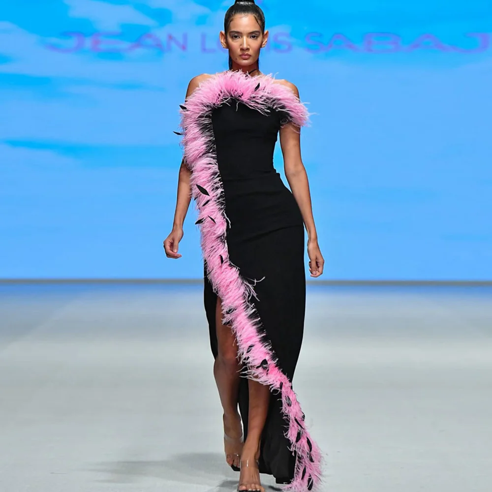 Starpless Women's Evening Dress Asymmetrical Black Satin Dress With Pink Feathers Floor Length Clothes Free Shipping Woman Gown 
Starpless Women's Evening Dress Asymmetrical Black Satin Dress With Pink Feathers Floor Length Clothes Free Shipping Woman Gown