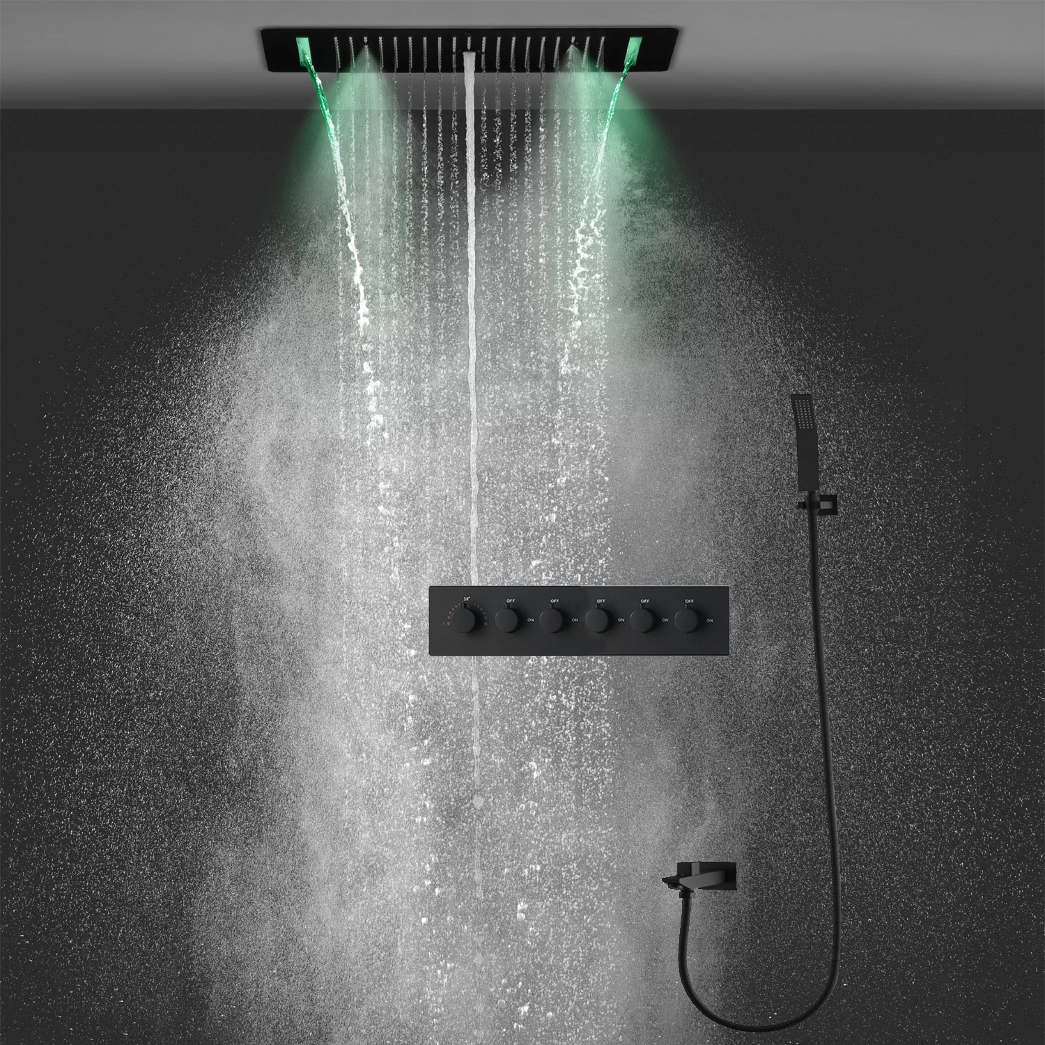 

2023 Luxury Black Shower System 5Functions Ceiling LED ShowerHead Rainfall Waterfall Mist Spray Bath Thermostatic Mixer Faucets