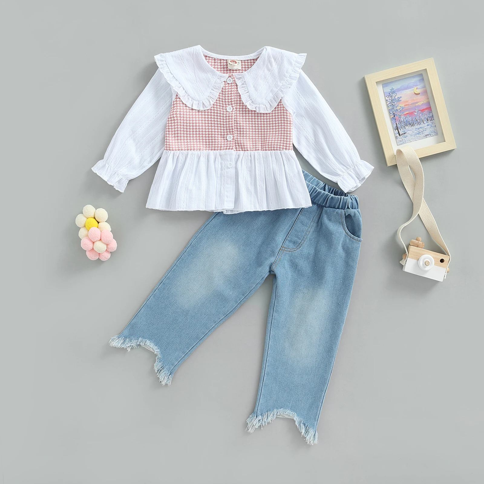 TR New Autumn Kids Toddler Girls Pants Set Ruffled Print Collar Long Sleeve Shirt + Hem Jeans Denim Pants Clothes 
TR New Autumn Kids Toddler Girls Pants Set Ruffled Print Collar Long Sleeve Shirt + Hem Jeans Denim Pants Clothes