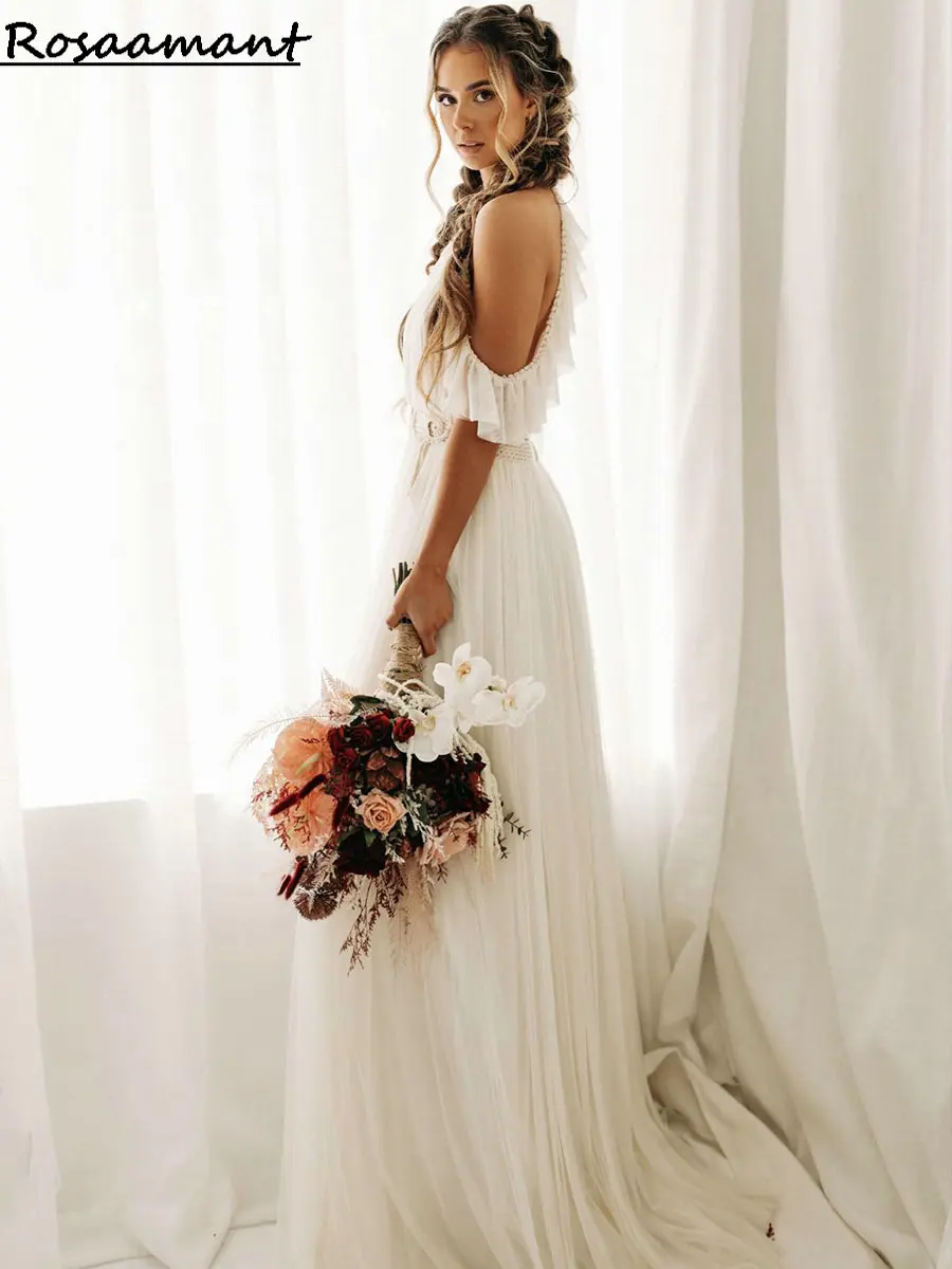 Bohemian Halter Open Back Boho Wedding Dresses A-Line Ruffles Pleat Appliques Lace Country Bridal Gowns
Bohemian Halter Open Back Boho Wedding Dresses A-Line Ruffles Pleat Appliques Lace Country Bridal Gowns