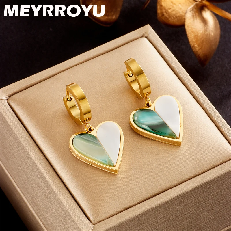 

MEYRROYU 316L Stainless Steel 18K Gold Plated New Green Heart Acrylic Statement Earrings For Women Female Party Gift Brincos