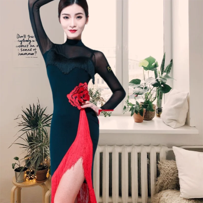 Long Sleeve Dress Women Dresses Big Red Flower Tassel Dance Skirt Latin Dancing Latina Black Sexy Girls Adult Costume Rumba 2023
Long Sleeve Dress Women Dresses Big Red Flower Tassel Dance Skirt Latin Dancing Latina Black Sexy Girls Adult Costume Rumba 2023