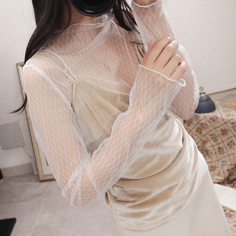 Mesh Bottoming Shirt Women Sexy Fishnet Gauze Top See Through Sexy Stand Collar Long Sleeve Lace Shirt Black White Women Tops
Mesh Bottoming Shirt Women Sexy Fishnet Gauze Top See Through Sexy Stand Collar Long Sleeve Lace Shirt Black White Women Tops
