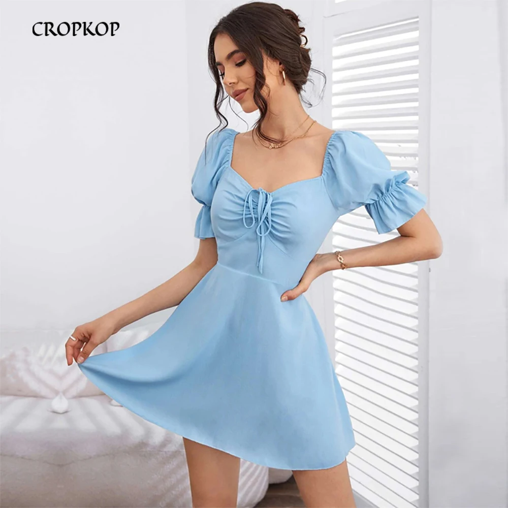 Puff Short Sleeve Dress Women Summer Sexy Backless Blue Beach Dress Casual Elegant Square Collar Lace-up Mini Party Dresses 2022
Puff Short Sleeve Dress Women Summer Sexy Backless Blue Beach Dress Casual Elegant Square Collar Lace-up Mini Party Dresses 2022