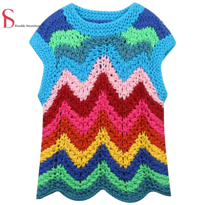 Spring and Summer New Women's Round Neck Sweater Contrast Wave Rainbow Stripe Loose Knitwear Tank Top Thick
Spring and Summer New Women's Round Neck Sweater Contrast Wave Rainbow Stripe Loose Knitwear Tank Top Thick