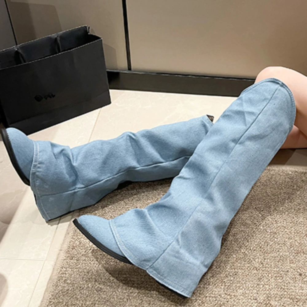 Pleats Blue Denim Knee High Boots for Women 2023 Autumn Thick Heeled Pointed Toe Cowboy Boots Woman Slip on Western Long Boots
Pleats Blue Denim Knee High Boots for Women 2023 Autumn Thick Heeled Pointed Toe Cowboy Boots Woman Slip on Western Long Boots