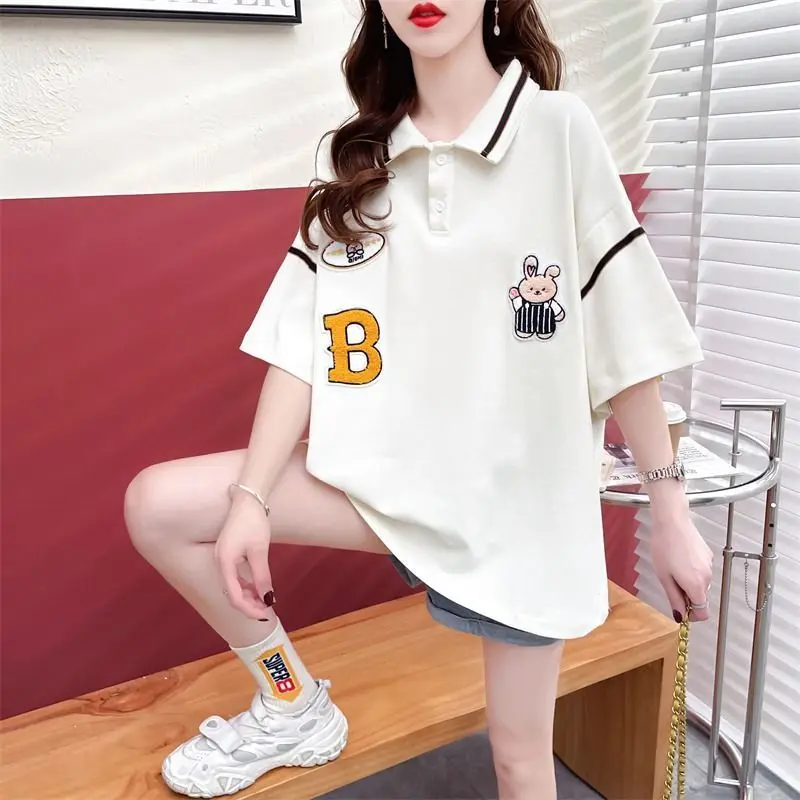 Large Size Women Cotton Polo Shirt Cartoon Appliques Short Sleeve Lapel Female Pullover Top Cute Loose Clothes For Spring Summer
Large Size Women Cotton Polo Shirt Cartoon Appliques Short Sleeve Lapel Female Pullover Top Cute Loose Clothes For Spring Summer