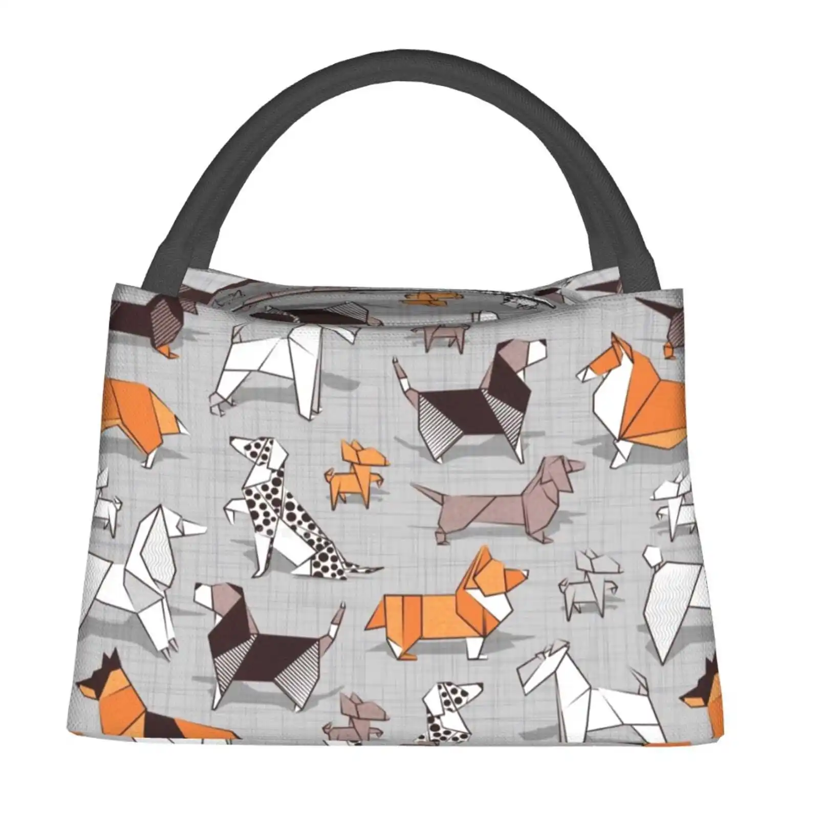 

Origami Doggie Friends // Grey Linen Texture Background Cooler Thermal Insulated Bag Custom Gift Dog Illustration Dogs