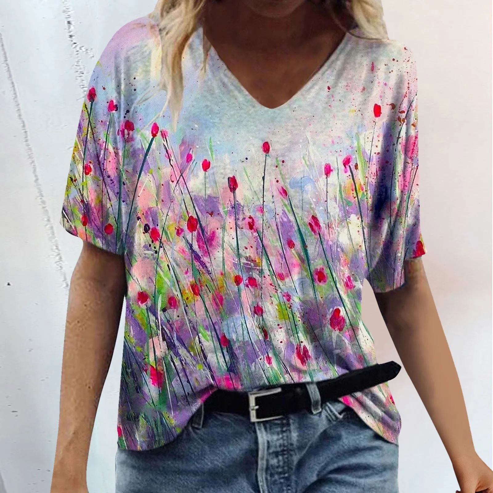 Женская футболка с V-образным вырезом, летние короткие модные топы, повседневная женская блузка с коротким рукавом и принтом, фиолетовая с д...
Женская футболка с V-образным вырезом, летние короткие модные топы, повседневная женская блузка с коротким рукавом и принтом, фиолетовая с д...